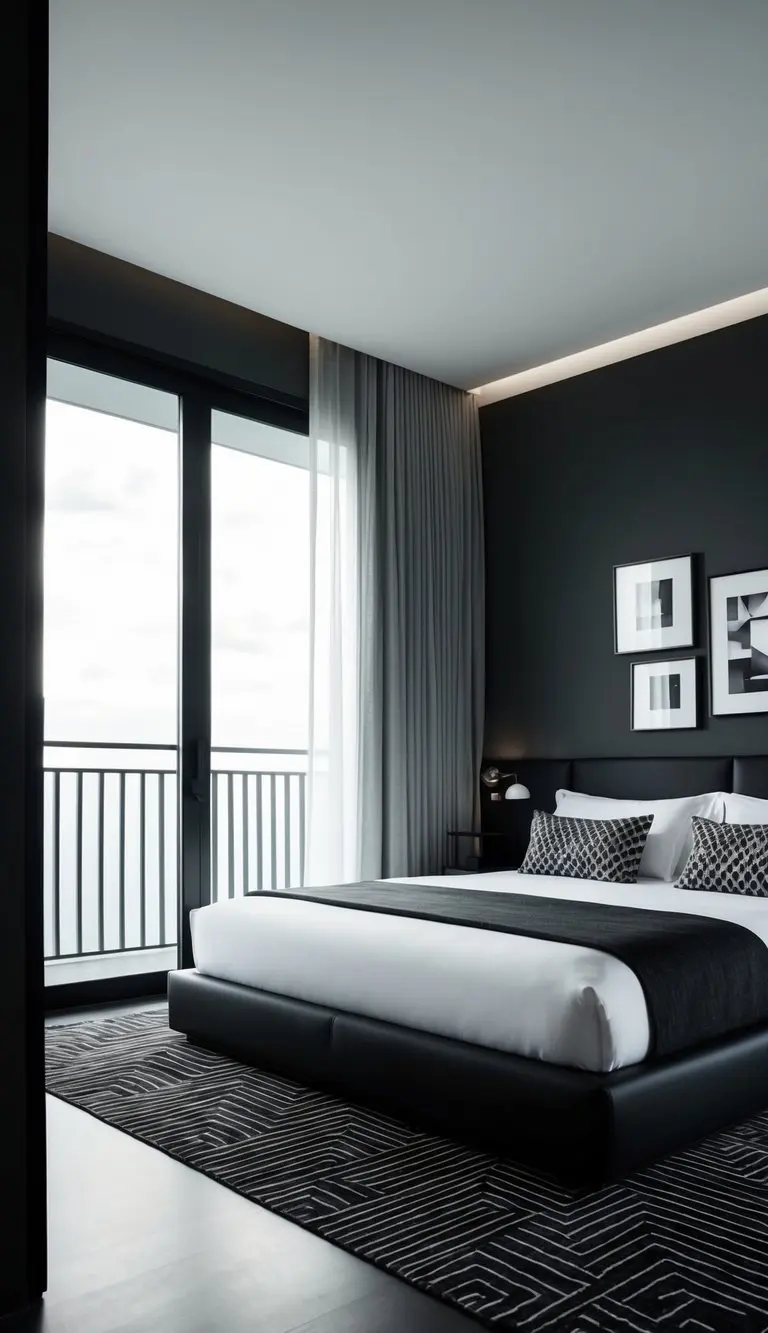 A sleek, modern bedroom with black and gray color scheme. Minimalist furniture and geometric patterns create a stylish and sophisticated atmosphere