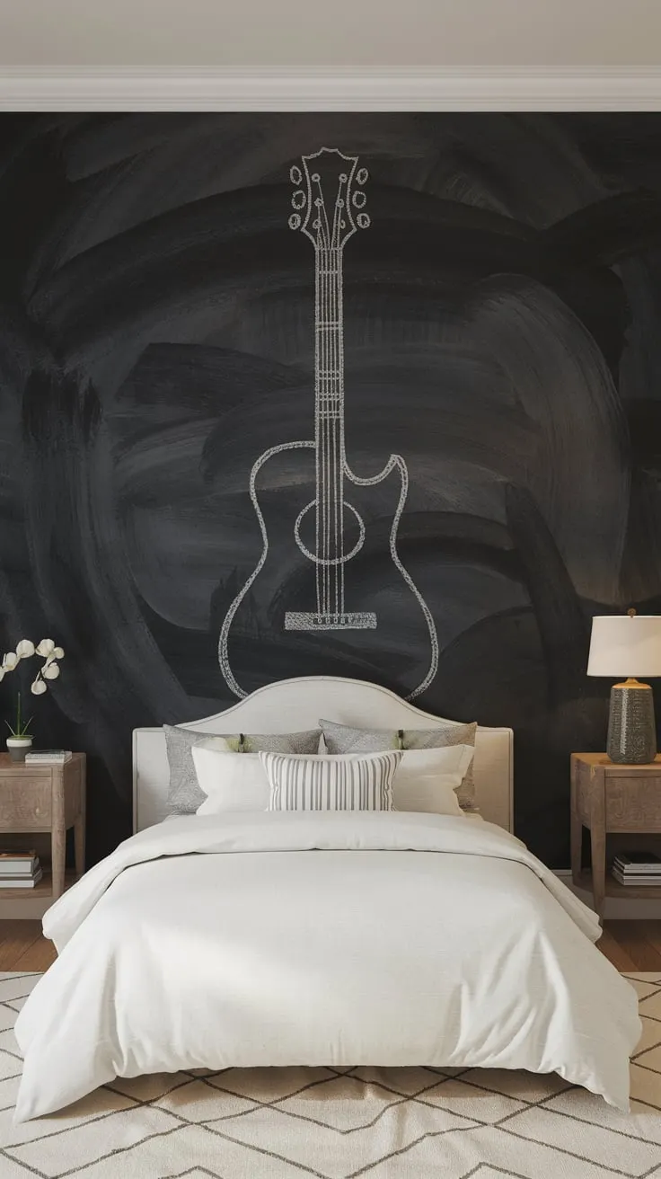 A chalkboard wall in a kids' bedroom, filled with colorful drawings and doodles