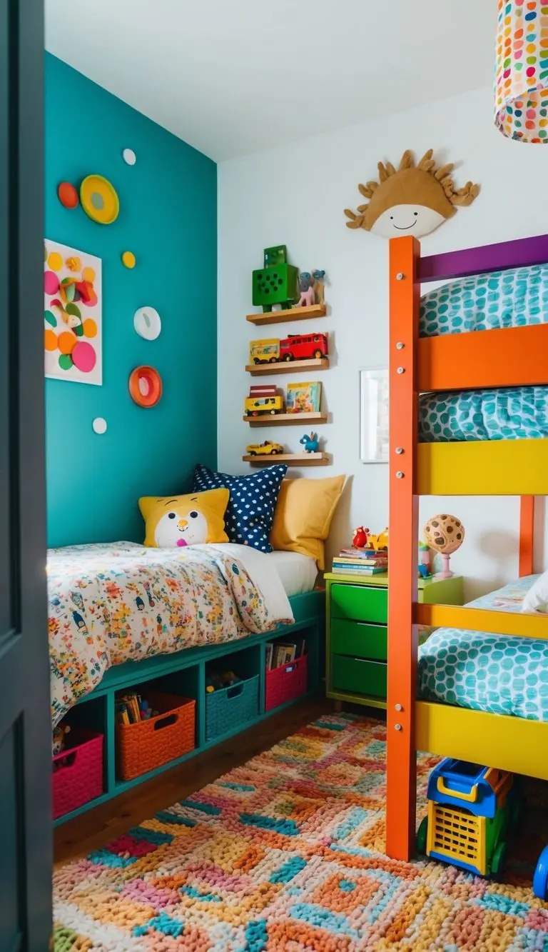 A colorful and cozy kids' bedroom with bunk beds, playful wall art, and a creative storage solution for toys and books