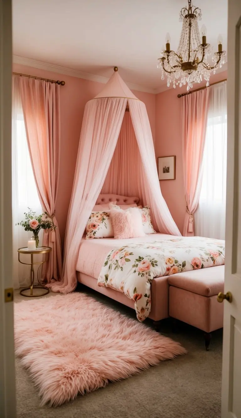 A cozy pink bedroom with a fluffy rug, floral bedding, and a canopy bed draped with sheer curtains. A chandelier hangs from the ceiling, casting a warm glow over the room