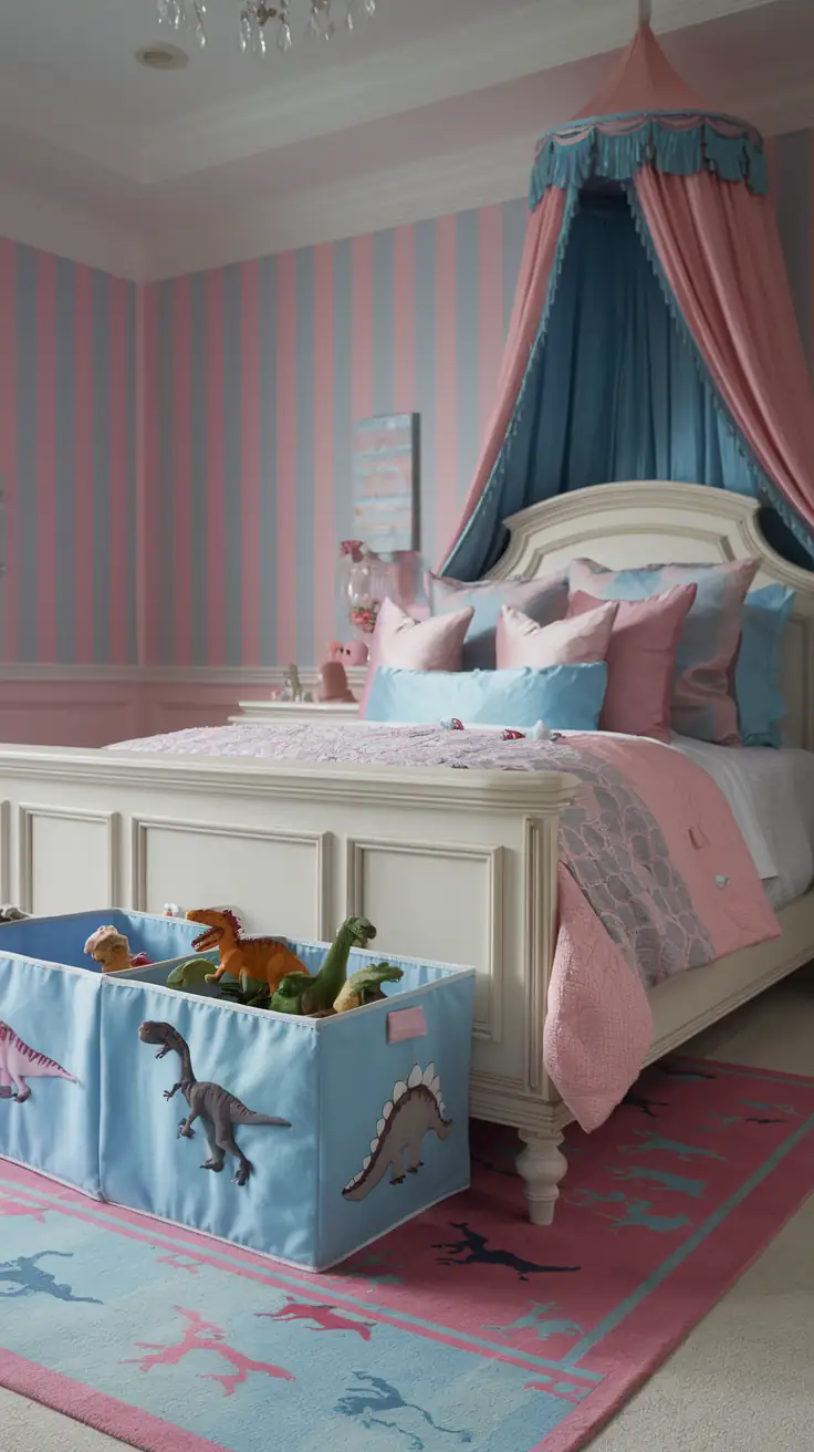 A colorful dinosaur toy storage bin sits in a tidy kids' bedroom surrounded by other playful decor and furniture