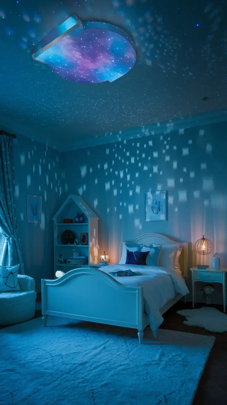 A galaxy projector lamp illuminates a cozy kids' bedroom filled with dreamy, starry patterns and soft, soothing colors