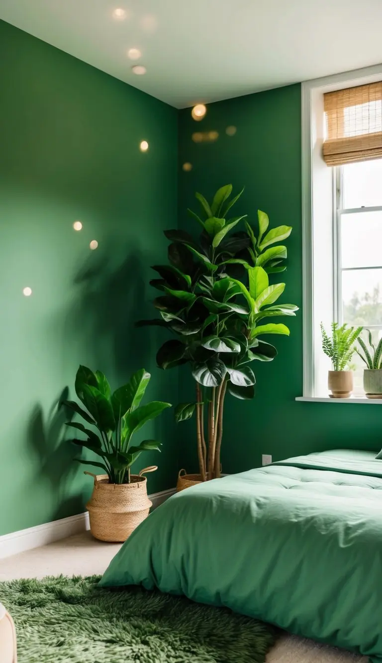 A cozy bedroom with green walls, leafy plants, and natural light streaming in through the window. A plush green rug and matching bedding complete the serene and inviting atmosphere