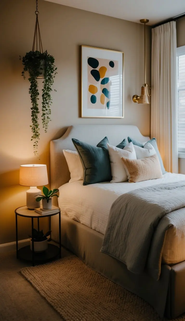 A cozy guest bedroom with a plush bed, soft linens, and warm lighting. Decor includes artwork, plants, and a side table with a lamp