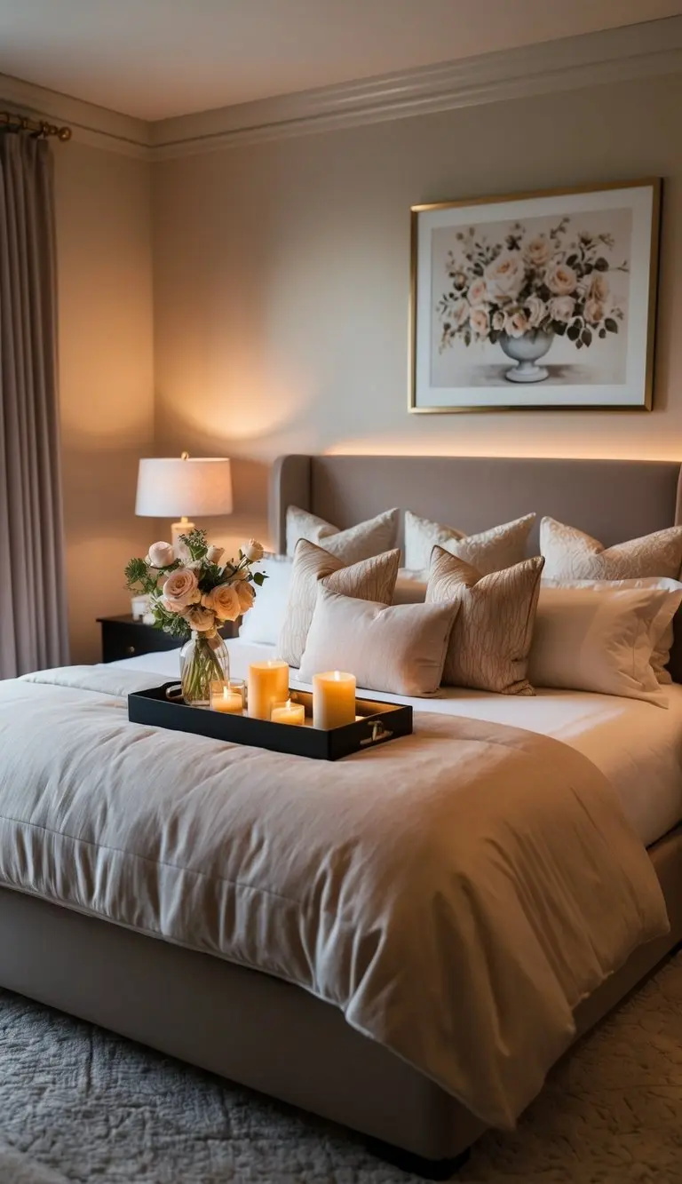 A cozy master bedroom with soft, warm lighting, a plush bed with luxurious bedding, and romantic decor accents such as candles, flowers, and elegant artwork