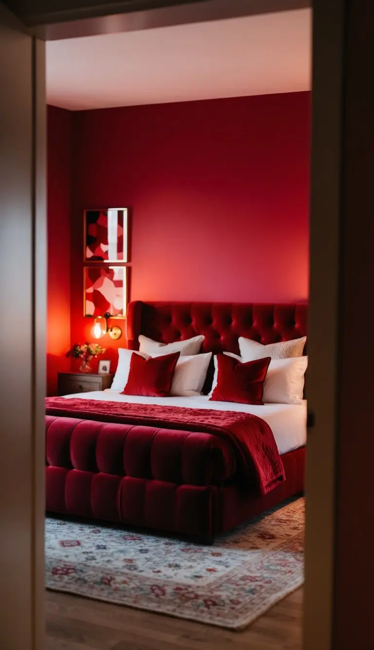 A cozy red bedroom with a plush velvet bed, warm lighting, and accent decor in shades of crimson and scarlet