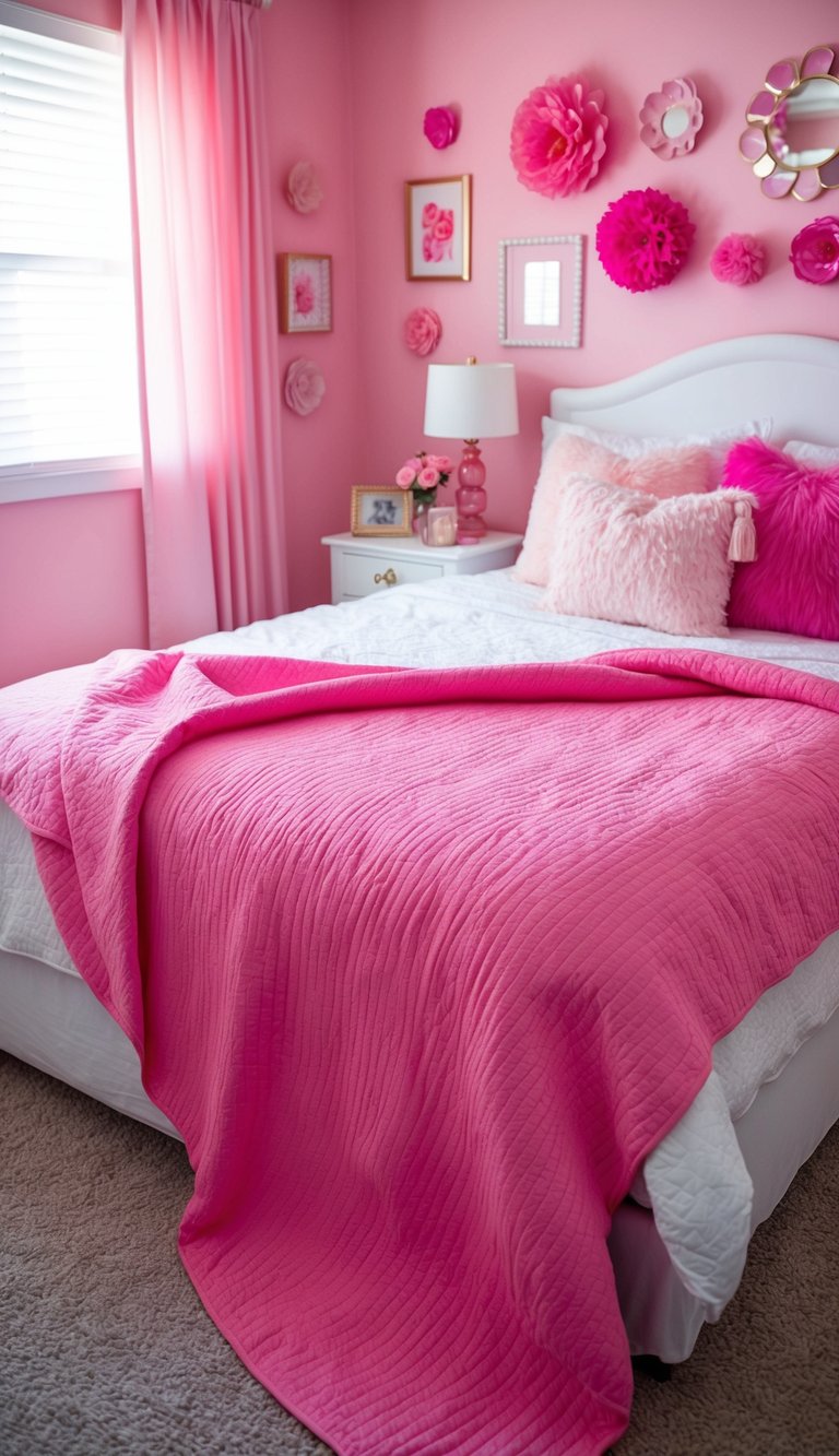 A bubblegum pink bedspread drapes over a cozy bed in a pink-themed bedroom, surrounded by various shades of pink decor and accents