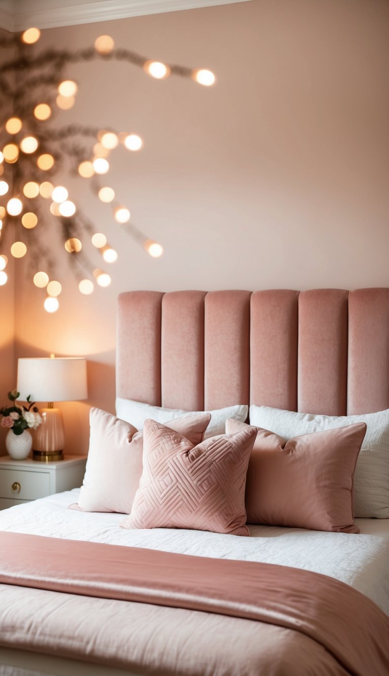 A cozy bedroom with a blush velvet headboard, soft pink bedding, and warm lighting