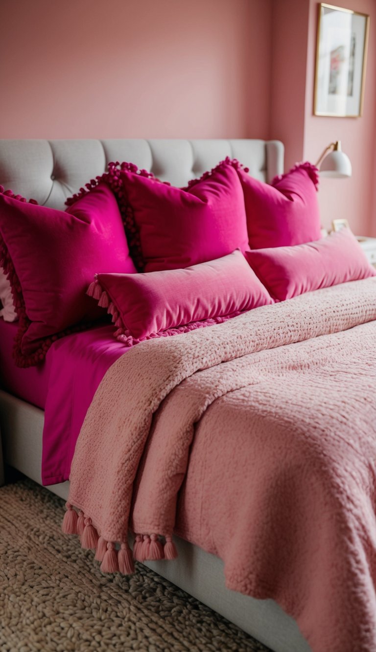 A cozy pink bedroom with fuchsia throw pillows scattered on a plush bed, creating a warm and inviting atmosphere