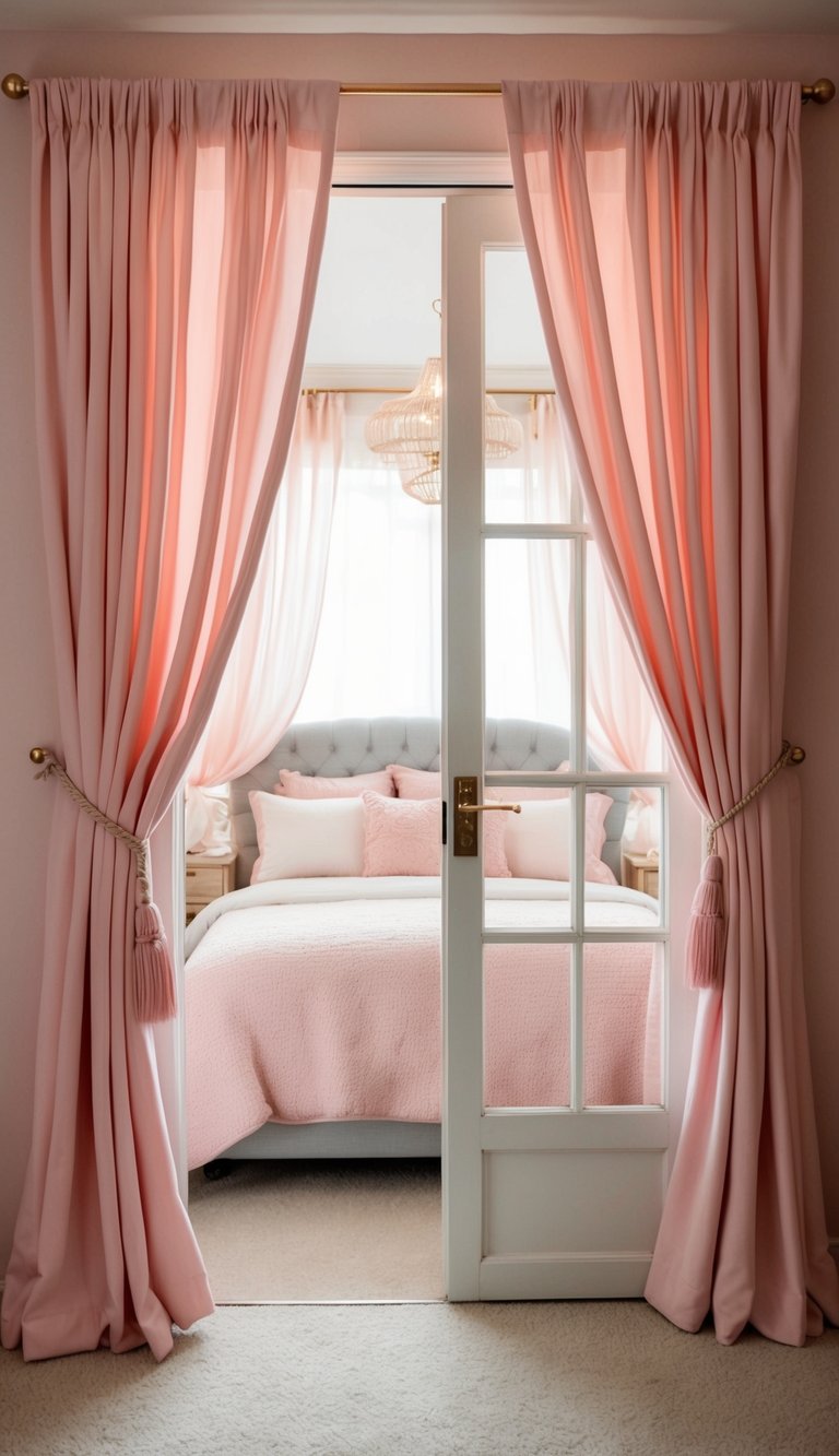 Pastel pink curtains frame a cozy bedroom with soft pink decor and accents