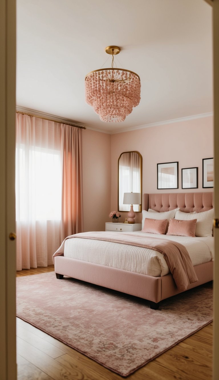 A cozy bedroom with a dusty rose area rug, soft pink accents, and warm lighting