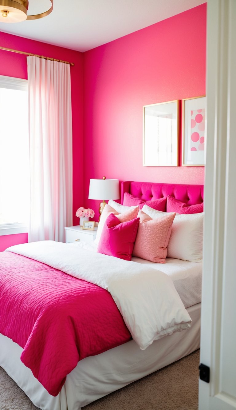 A cozy bedroom with a vibrant hot pink accent wall, complemented by soft pink decor and accessories