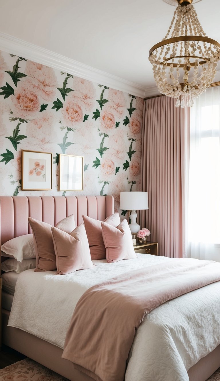 A cozy bedroom with peony floral wallpaper, soft pink accents, and elegant decor