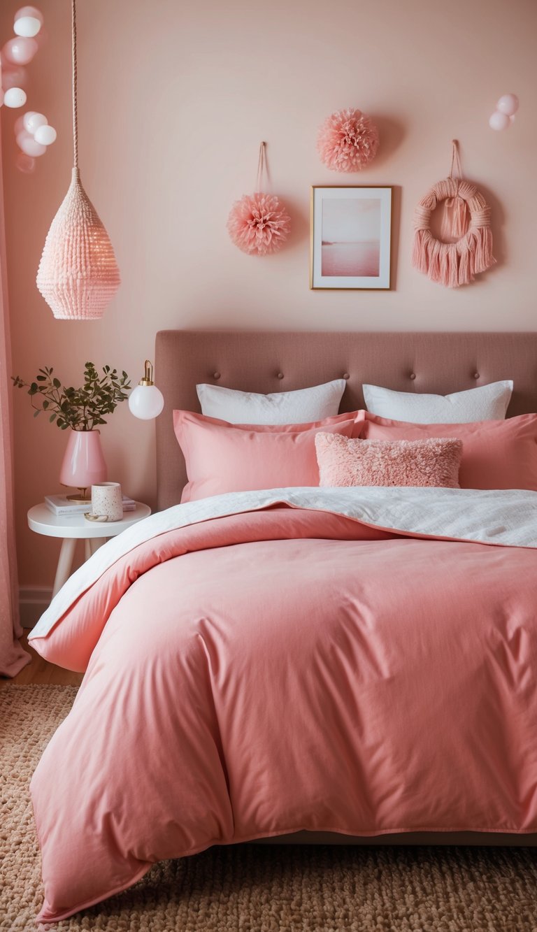 A cozy bedroom with a coral pink duvet cover, soft lighting, and 22 pink-themed decor ideas