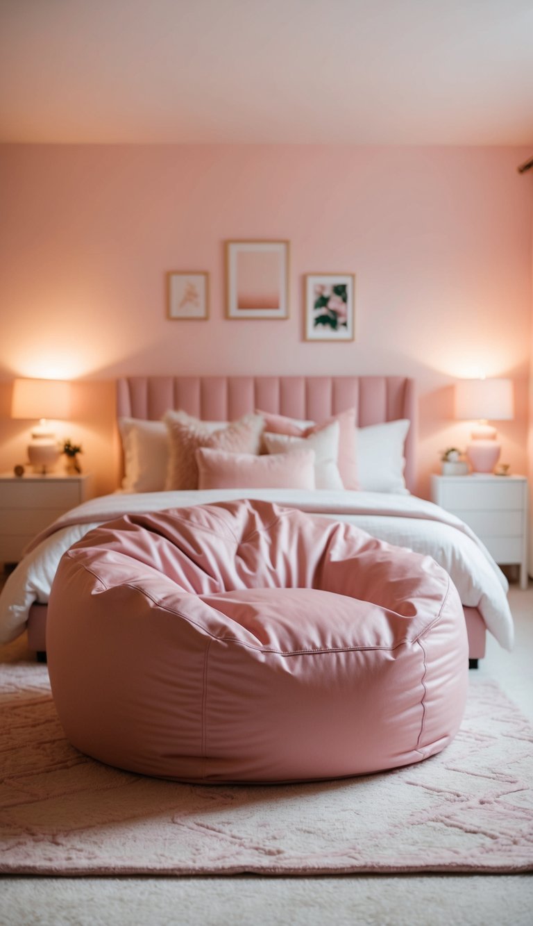 A cozy blush pink bean bag sits in the center of a serene pink bedroom, surrounded by soft, pastel decor and warm lighting