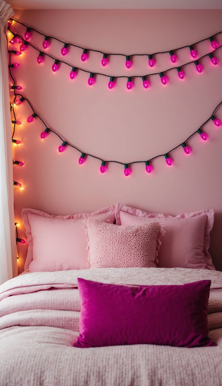 A cozy pink bedroom adorned with magenta string lights, creating a warm and inviting atmosphere