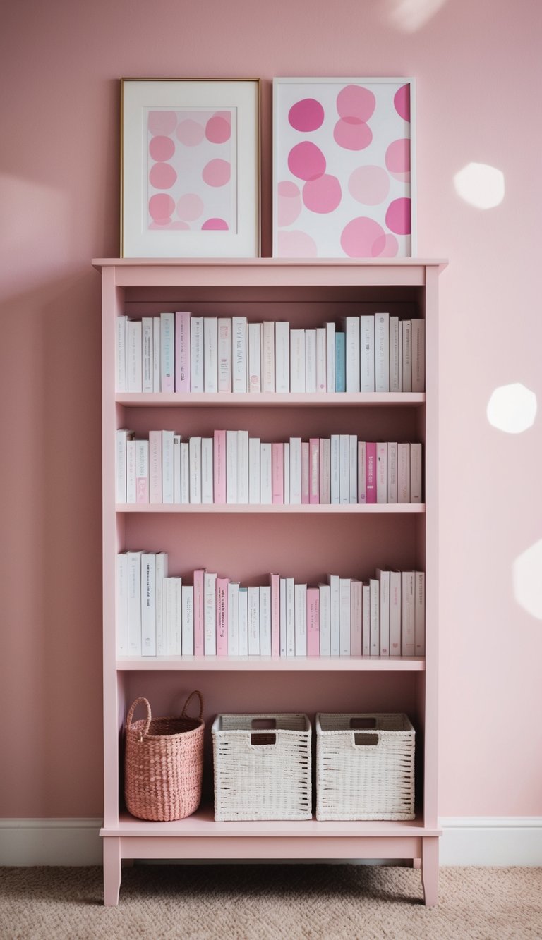 A pale pink bookcase stands against a pink bedroom wall, displaying 22 pink bedroom ideas