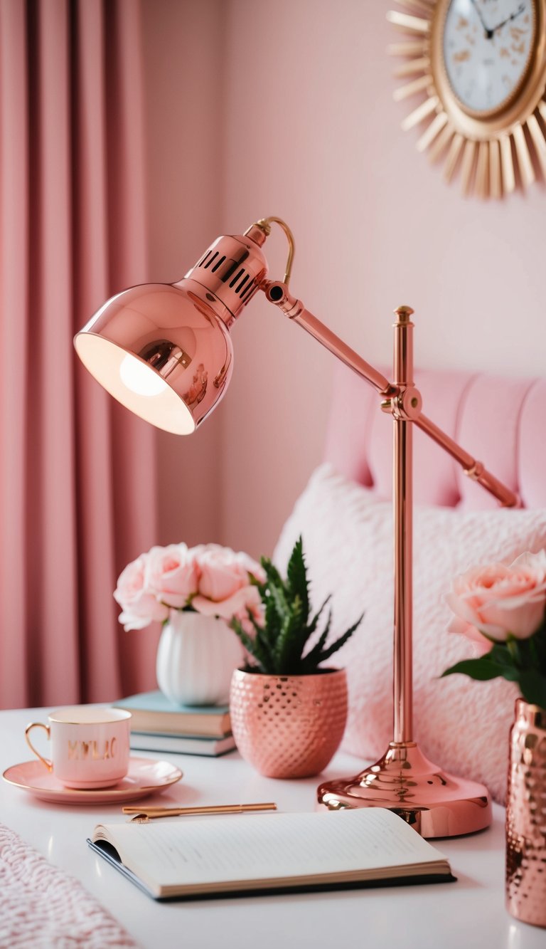 A rose gold desk lamp illuminates a cozy pink bedroom with 22 decor ideas