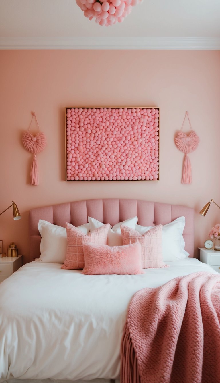 A cozy bedroom with candy pink wall art, soft lighting, and various shades of pink decor