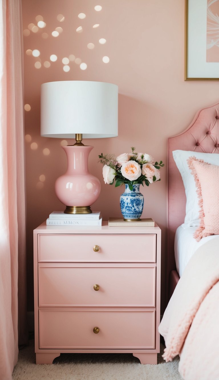 A blush pink nightstand with a lamp, books, and a vase of flowers in a cozy pink bedroom