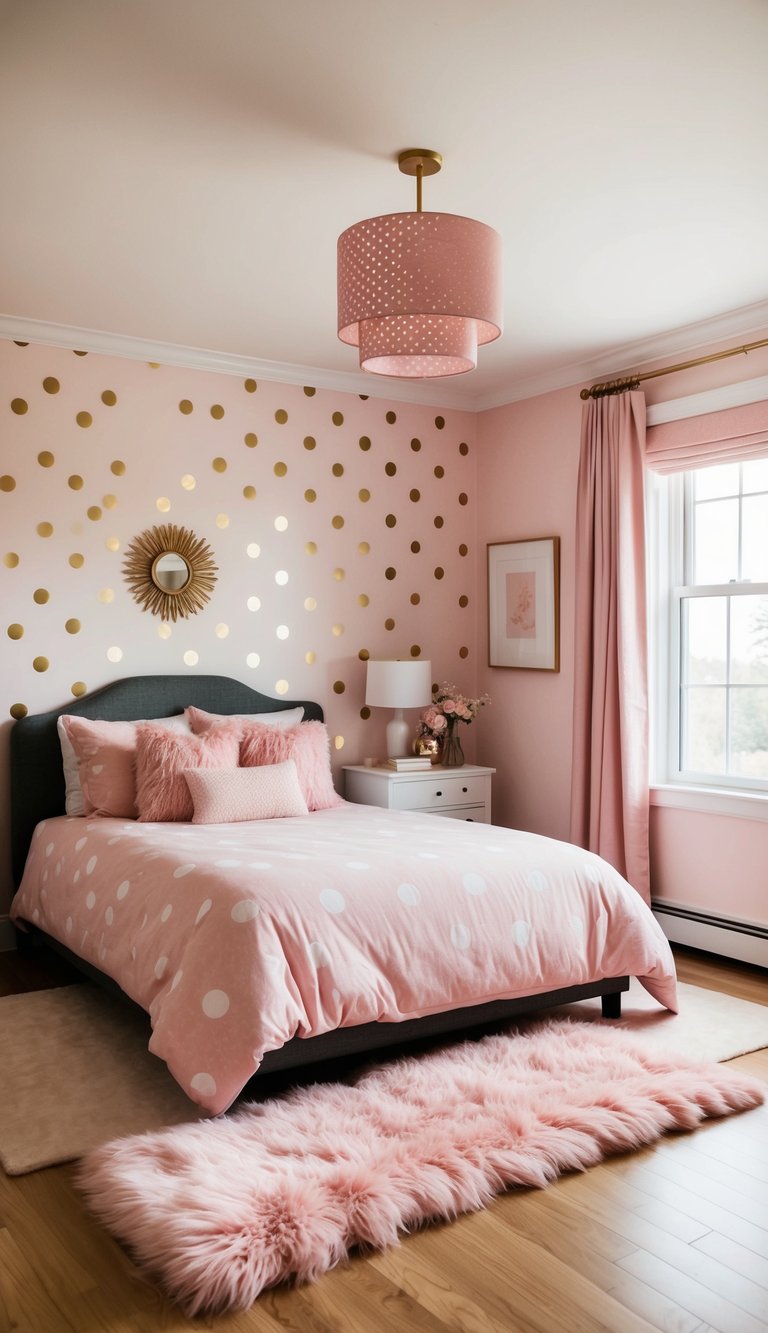 A cozy bedroom with pink polka dot wallpaper, a fluffy pink rug, and matching pink bedding