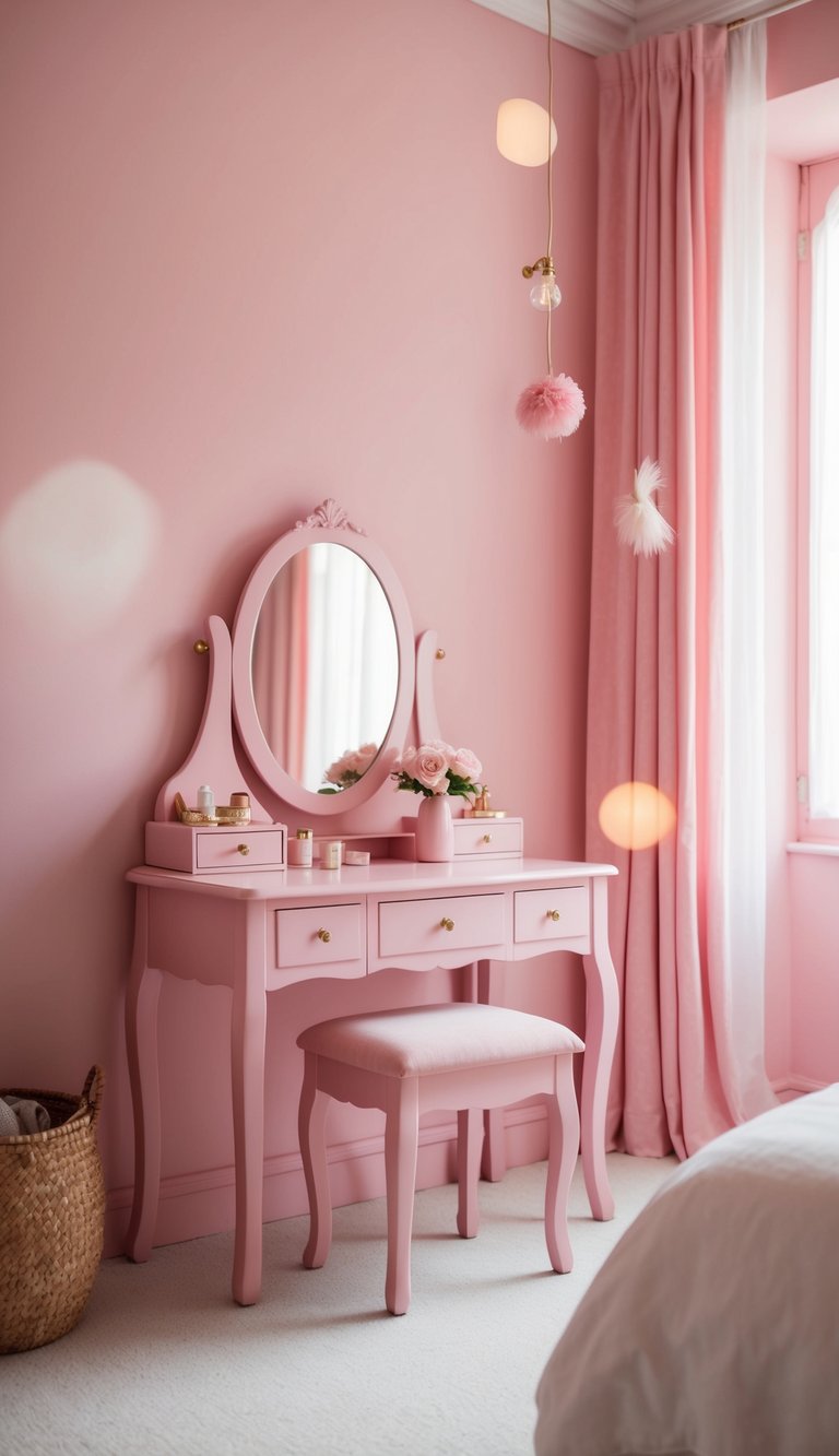 A light pink vanity set sits in a pink bedroom with soft lighting and delicate decor