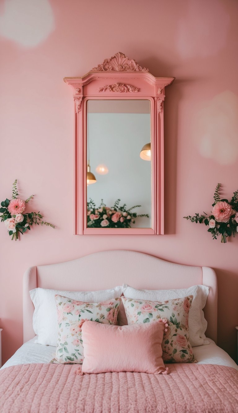 A vintage pink mirror hangs above a pink bedroom with floral accents and soft lighting