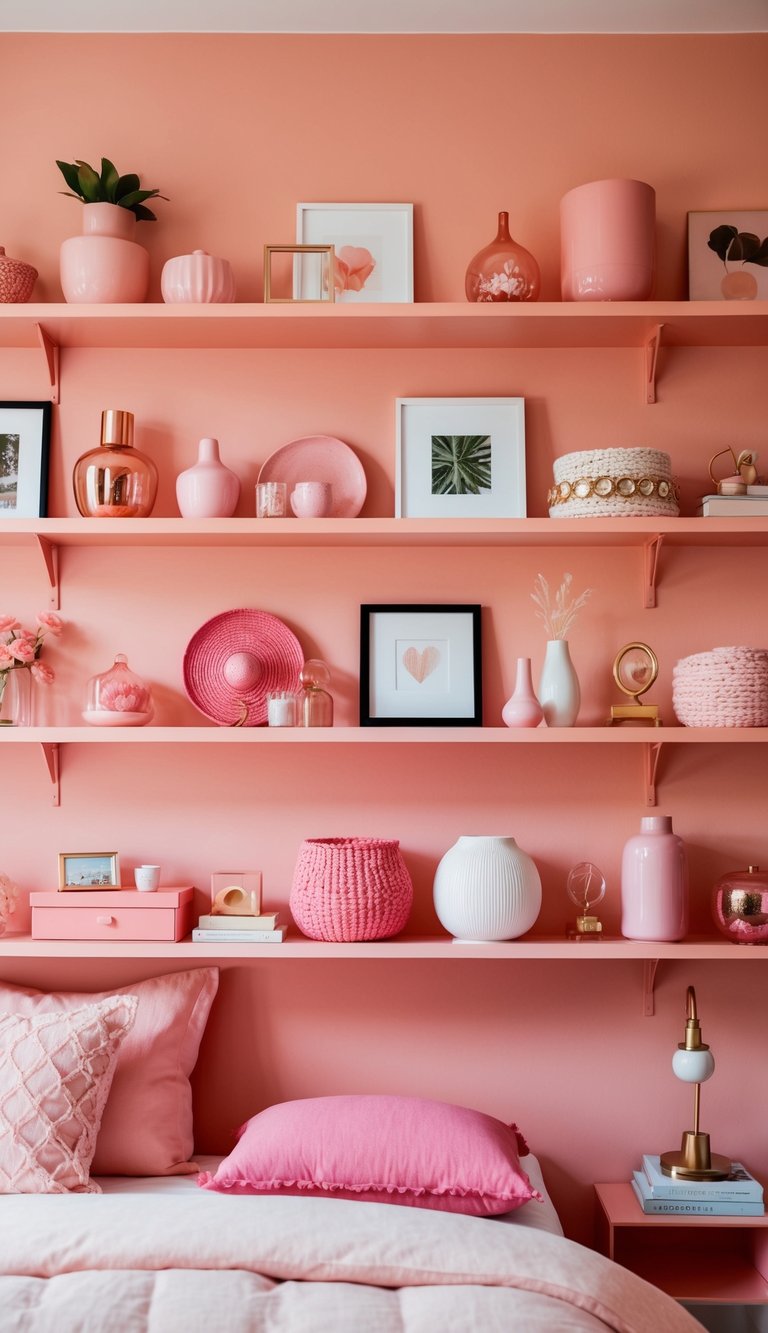 Salmon pink shelves filled with various pink bedroom decor and accessories