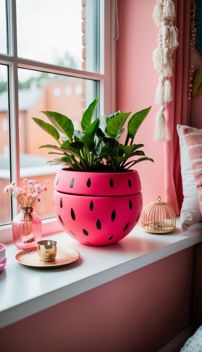 A watermelon pink planter sits on a windowsill in a cozy pink bedroom, surrounded by various decor and furniture