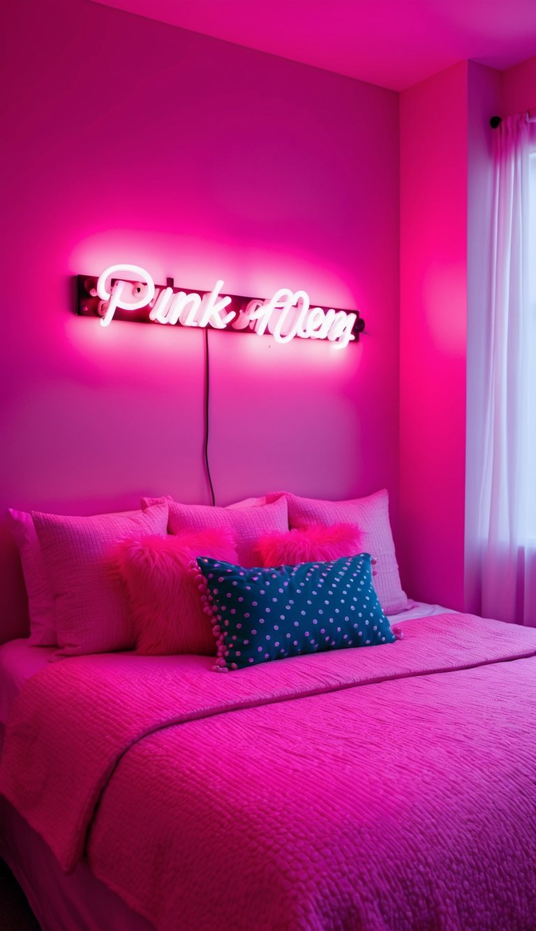 A cozy pink bedroom with a vibrant pink neon sign glowing on the wall, casting a warm and inviting atmosphere