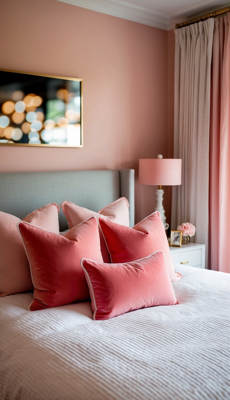 A cozy pink bedroom with a set of coral pink cushions on a bed, surrounded by soft and elegant decor