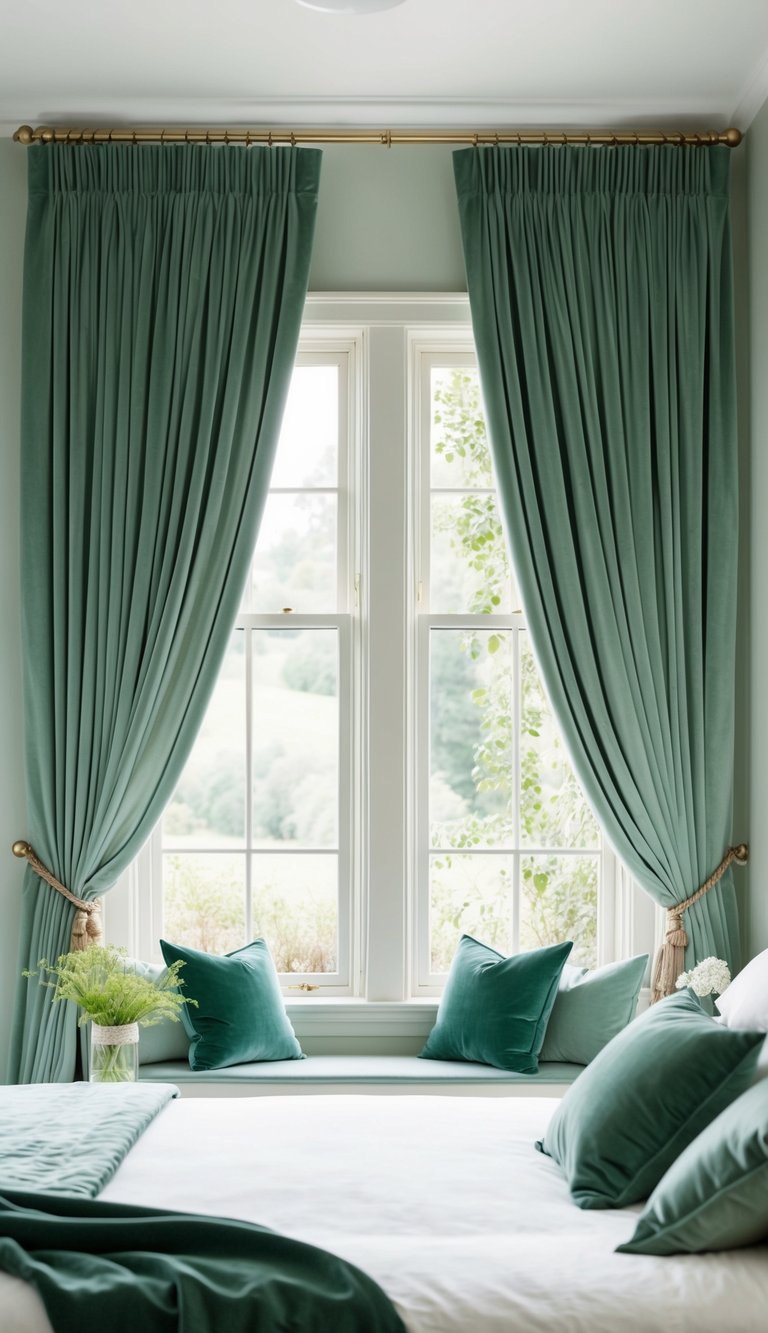 Sage green velvet curtains frame a serene bedroom with hints of nature and tranquility