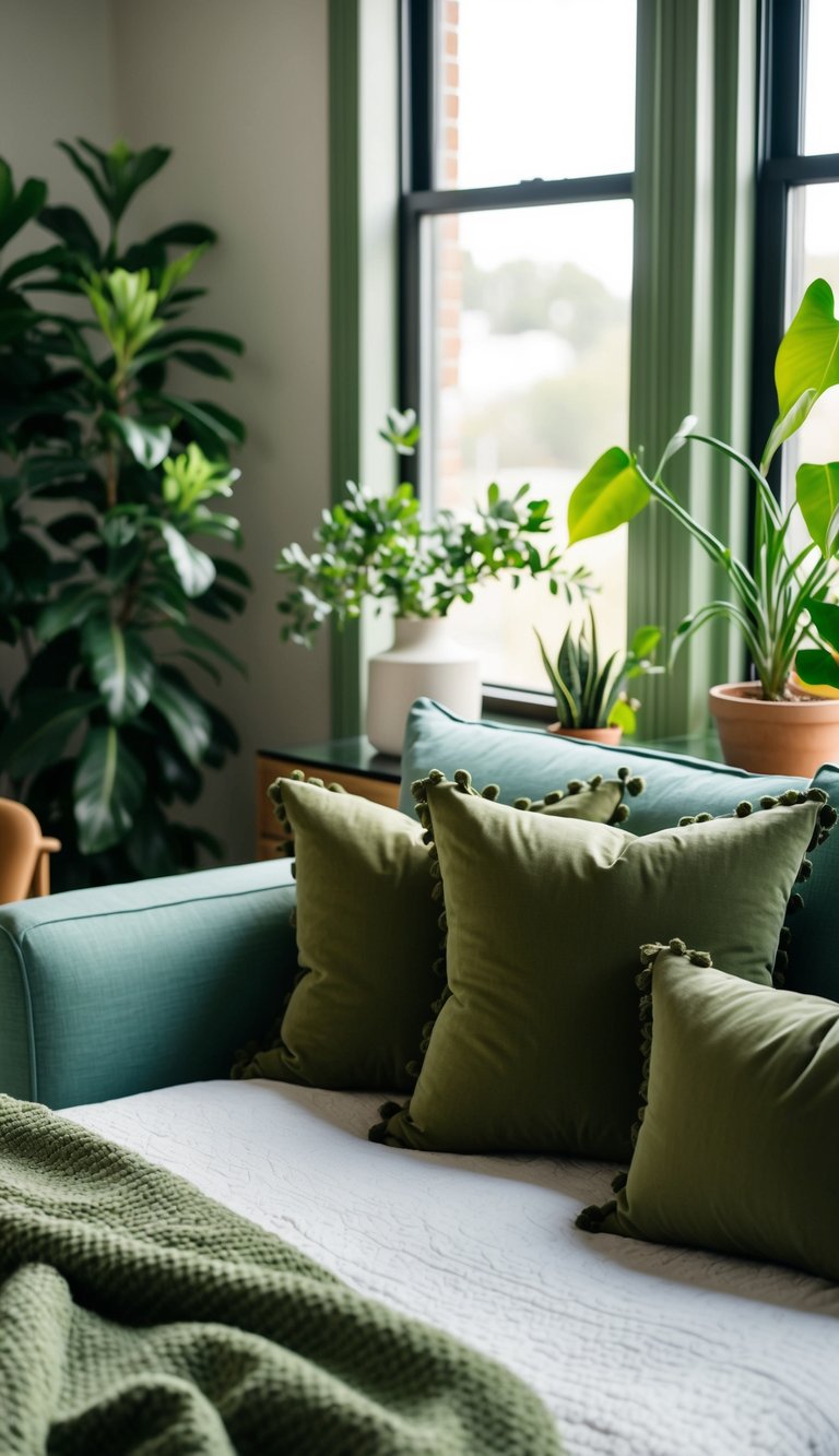 A cozy bedroom with olive green throw pillows scattered on a bed and armchair, surrounded by green accents and plants