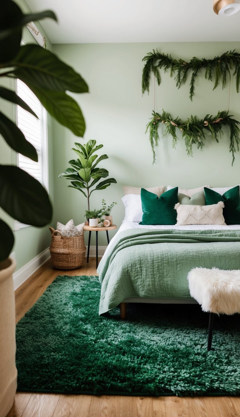 A cozy bedroom with a forest green area rug, surrounded by green accents and natural elements, creating a peaceful and nature-inspired atmosphere