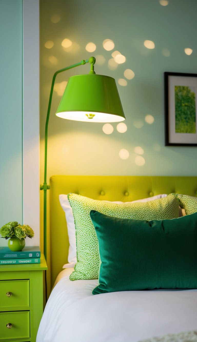 A lime green reading lamp illuminates a cozy bedroom with green accents