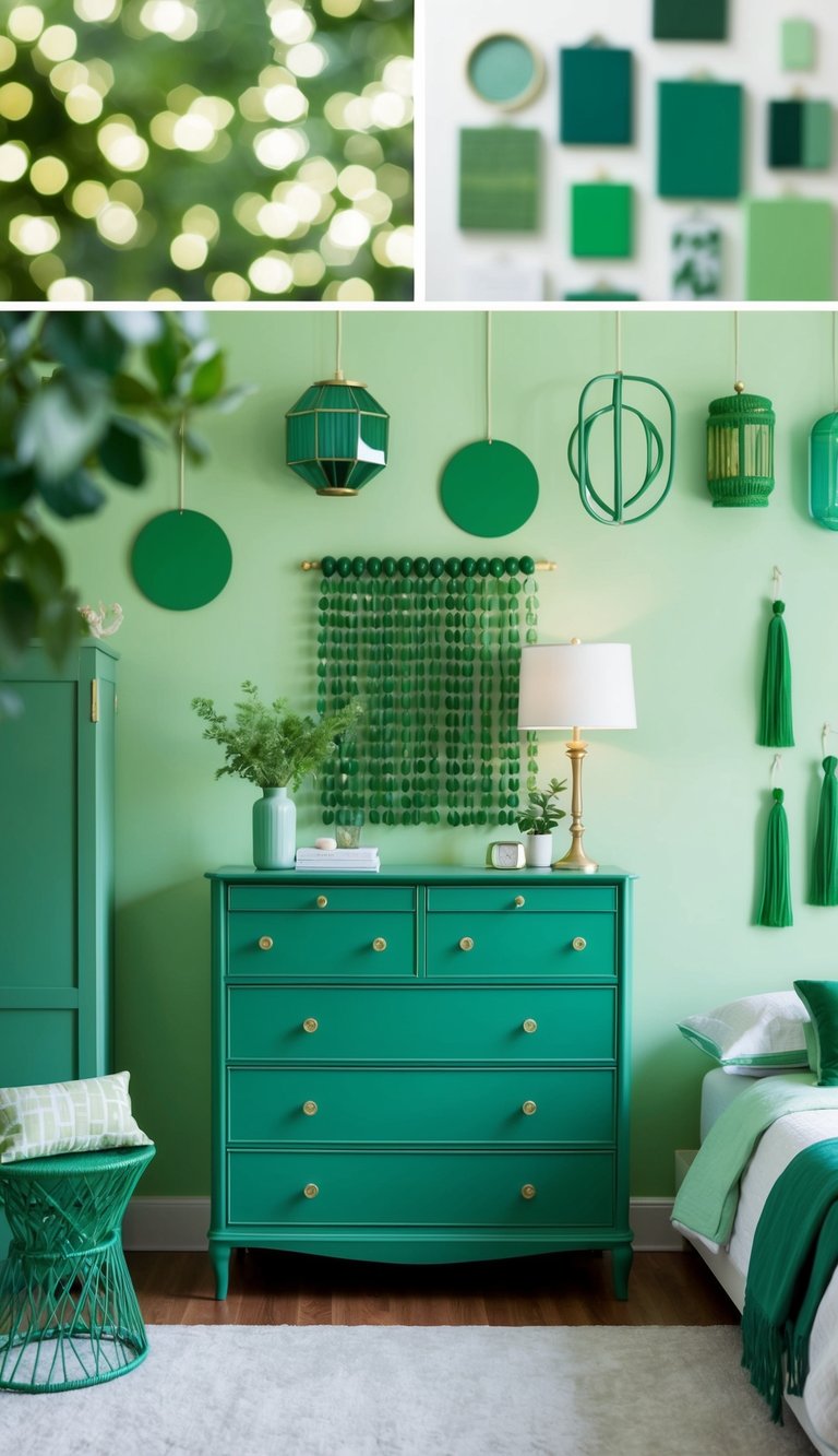 A tea green dresser sits in a serene green bedroom, surrounded by 23 different green decor ideas