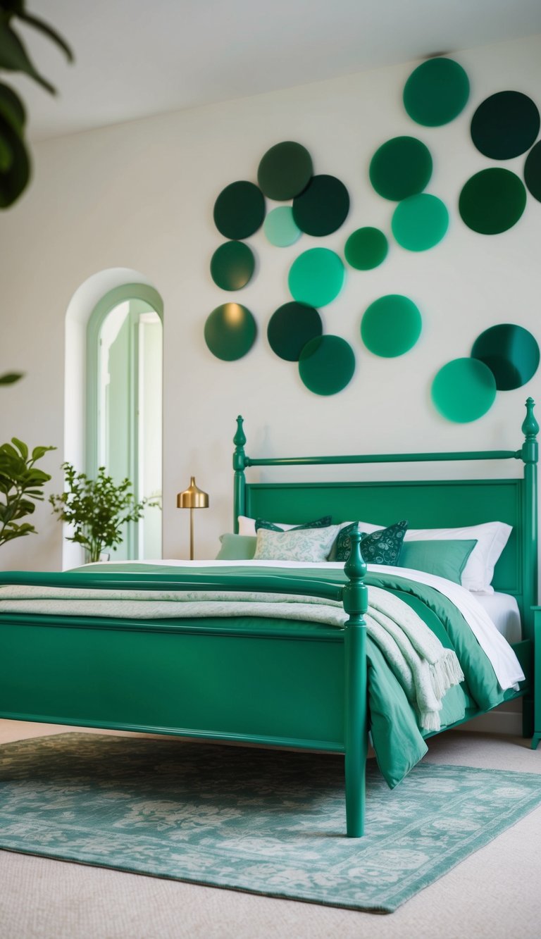 A jade green bed frame in a serene bedroom with 23 shades of green decor