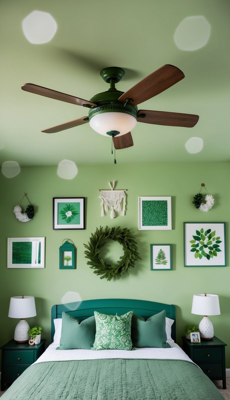 A pine green ceiling fan spins above a serene green bedroom, surrounded by 23 different green decor ideas