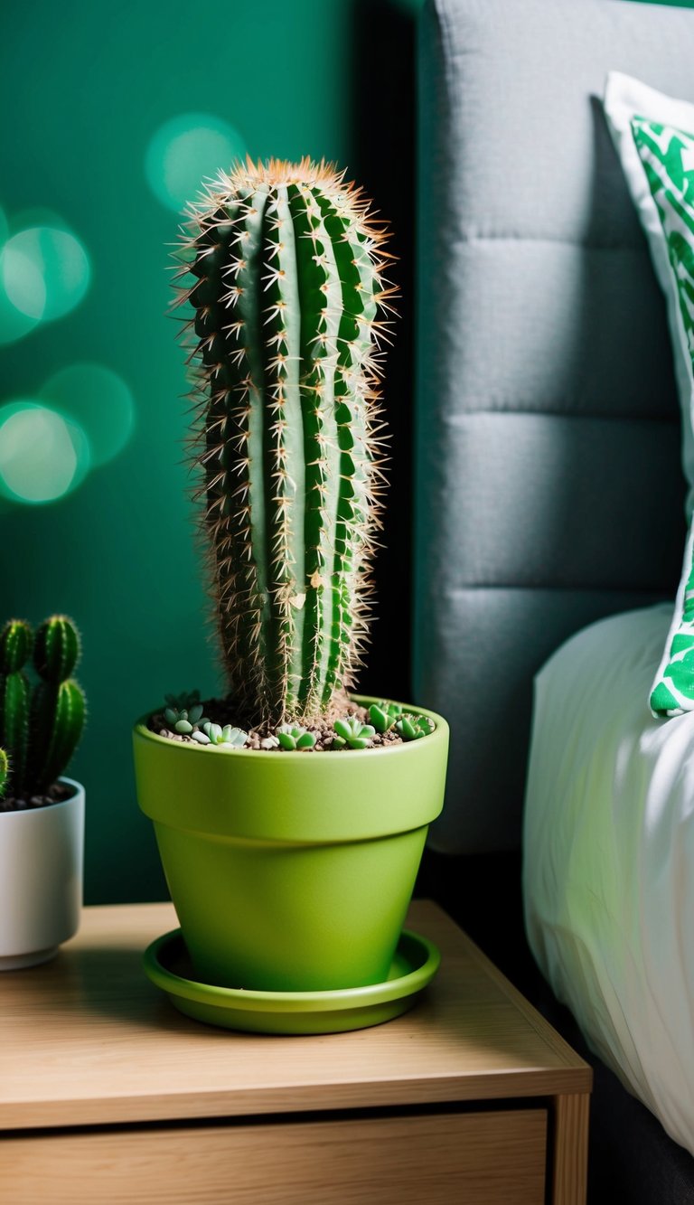 A cactus in a green plant pot sits on a bedside table in a bedroom with green decor