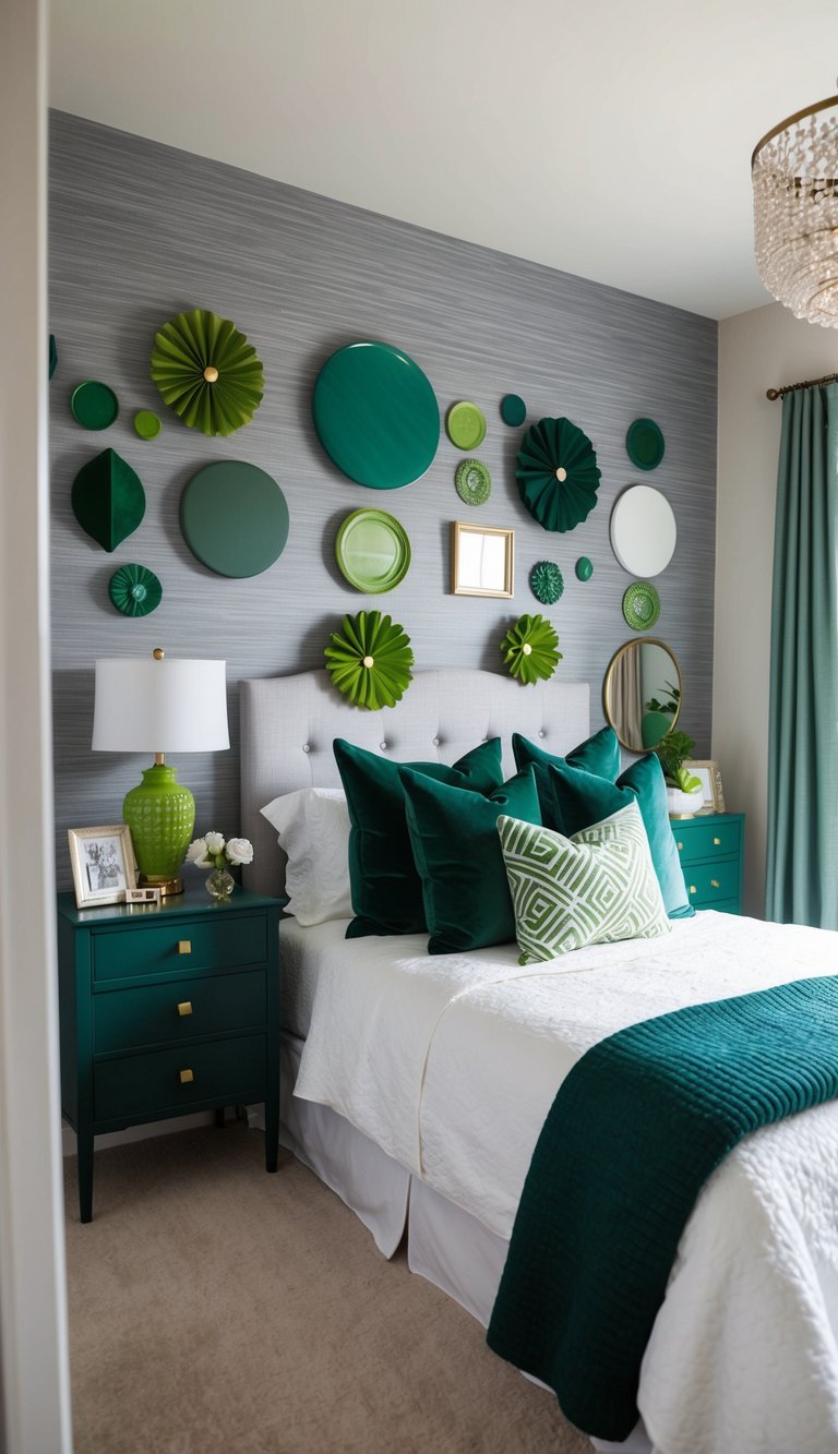 A cozy bedroom with gray-green wallpaper, adorned with 23 different shades of green decor and accents