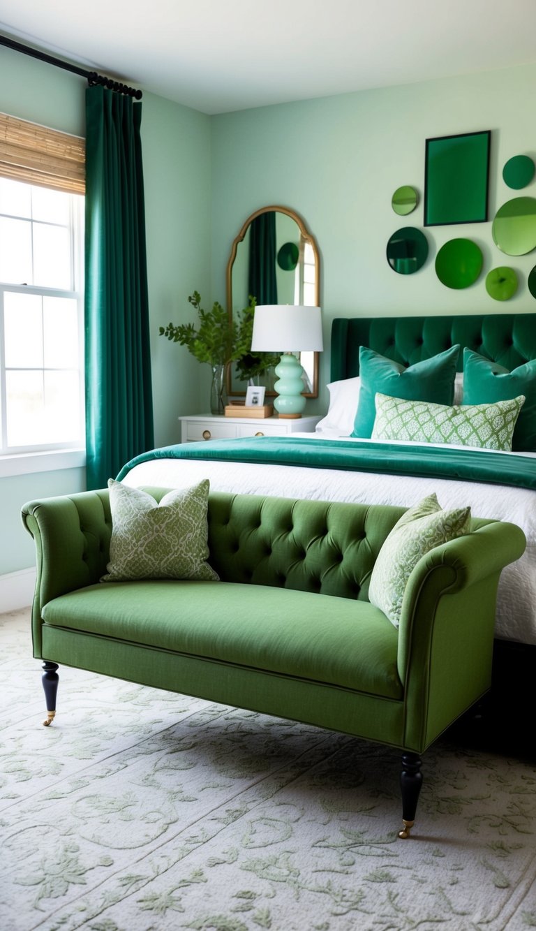 A moss green upholstered bench sits in a serene bedroom surrounded by 23 shades of green decor