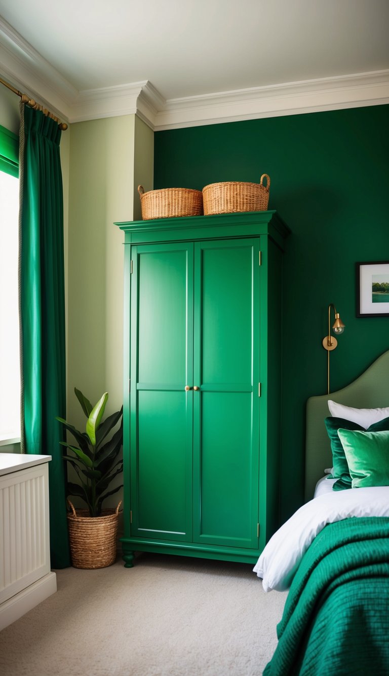 A bottle green wardrobe stands in a cozy bedroom with green accents, creating a harmonious and calming atmosphere