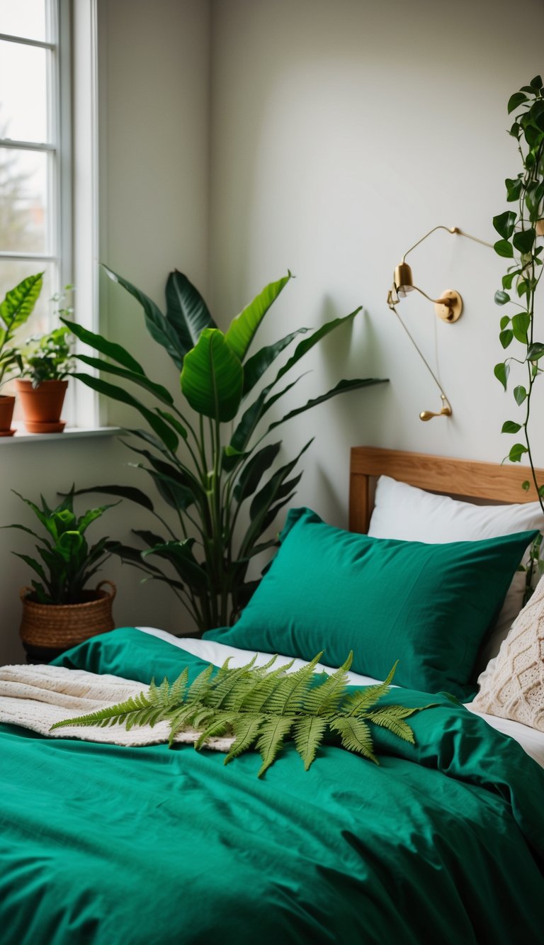 A cozy bedroom with fern green bedding, surrounded by plants and natural light