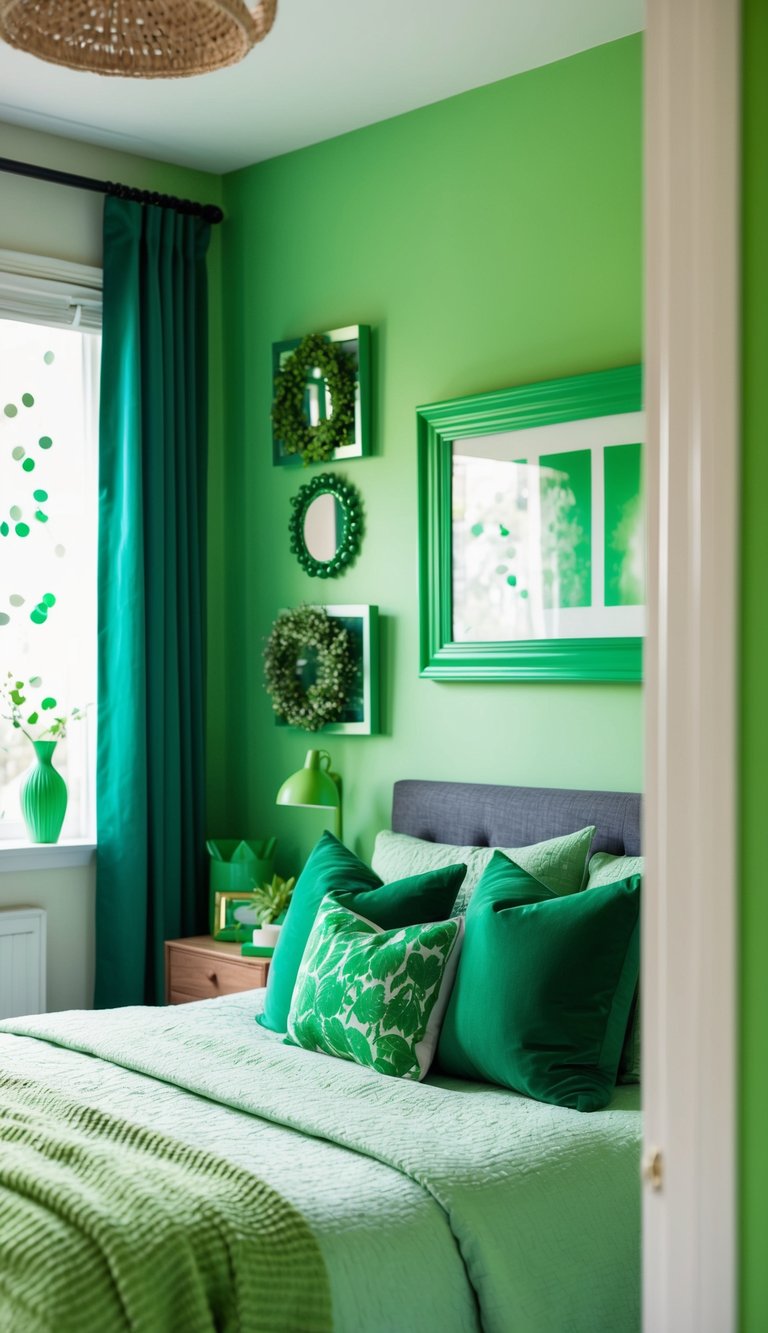 A cozy green bedroom with a kelly green picture frame on the wall, surrounded by various green decor and accents