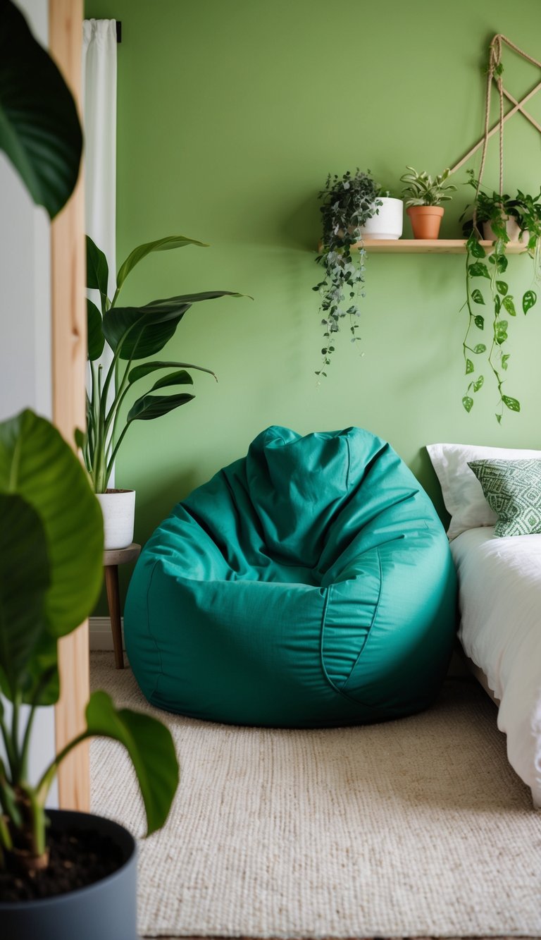 A cozy green bean bag sits in a green bedroom surrounded by plants and nature-inspired decor