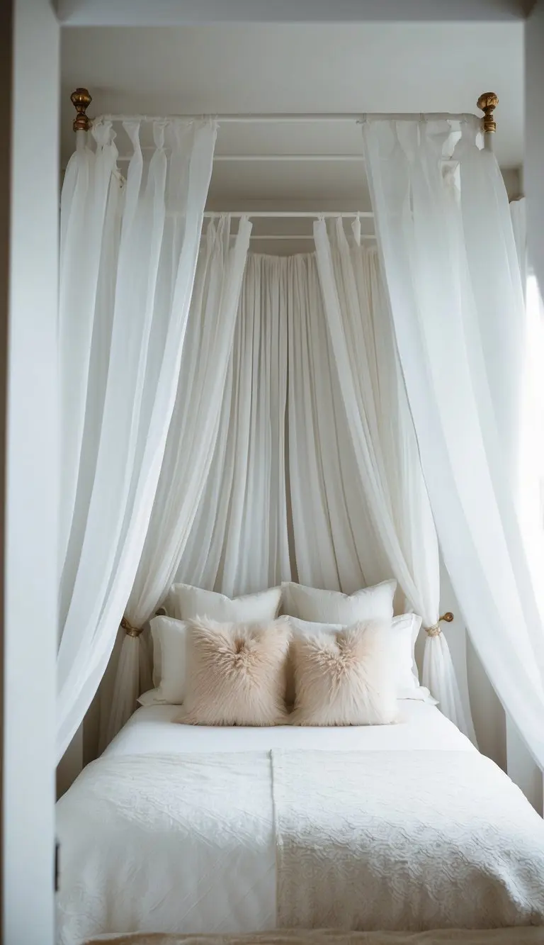 A serene white bedroom with a canopy bed, fluffy pillows, and sheer curtains billowing in the breeze