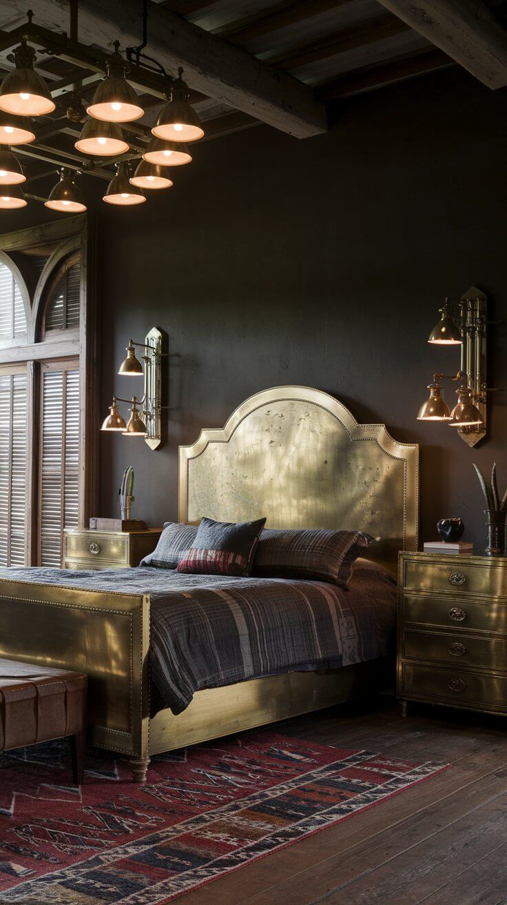 A vintage-style antique brass chandelier hanging from a dark wood ceiling, with matching brass door handles and drawer pulls visible in the background.