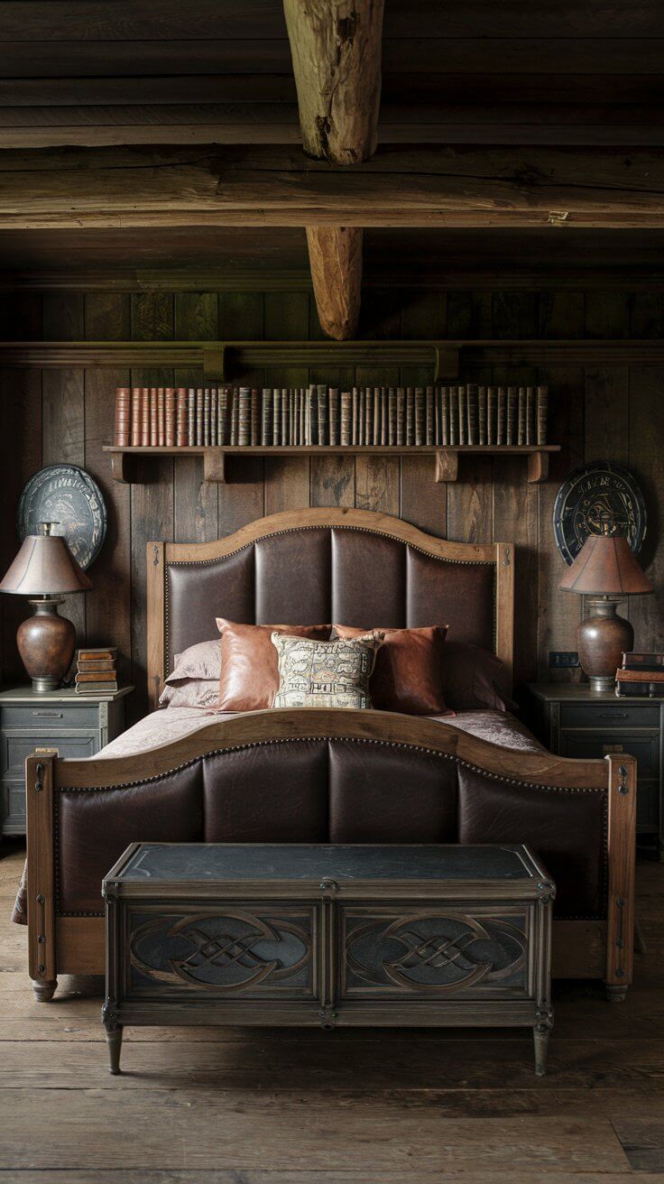 A rustic wooden shelf displaying a collection of antique dark leather-bound books, some standing upright and others stacked horizontally.