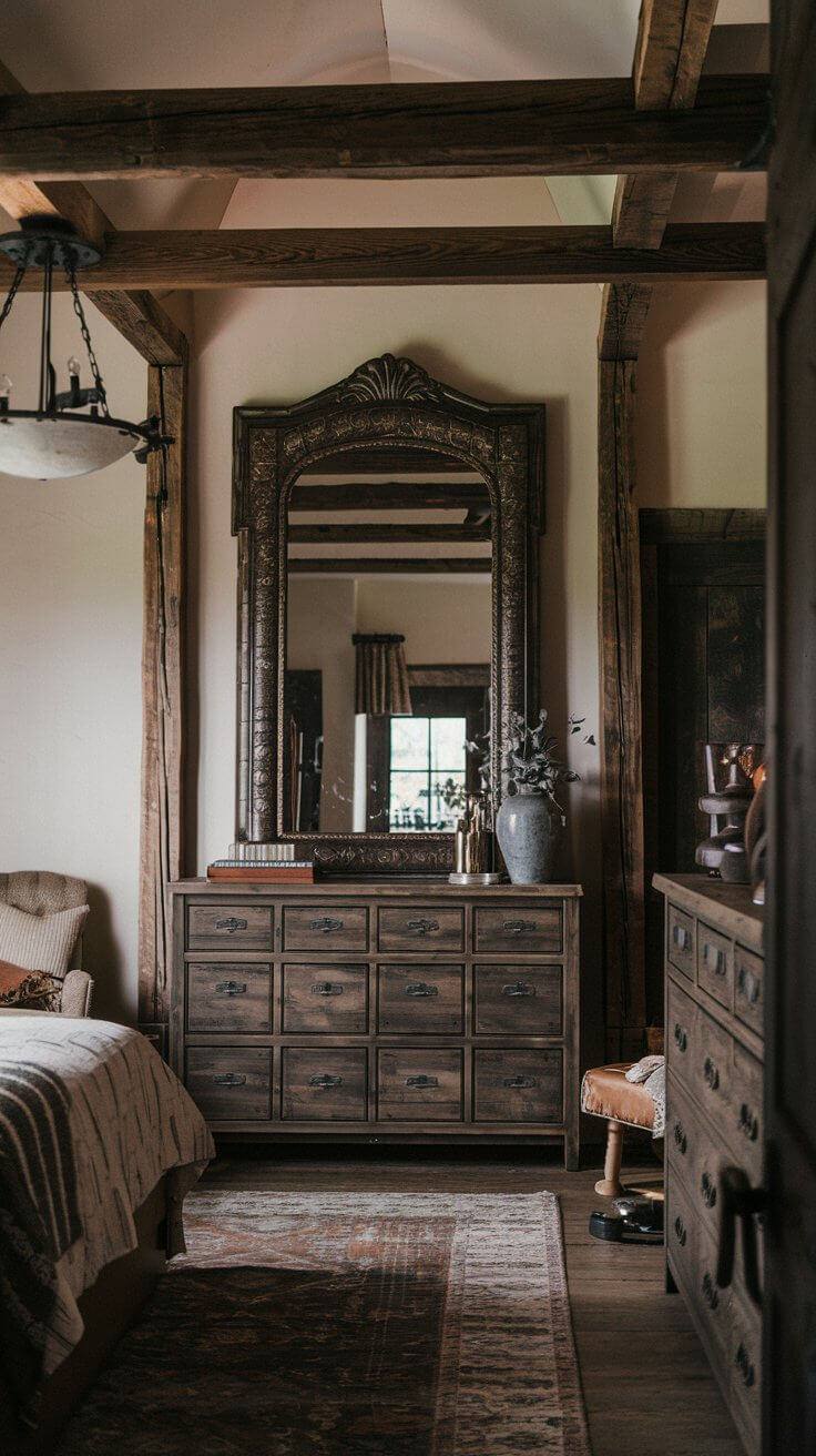 A large, ornate bronze-framed mirror with an aged patina, hanging above a rustic wooden dresser in a dimly lit bedroom.