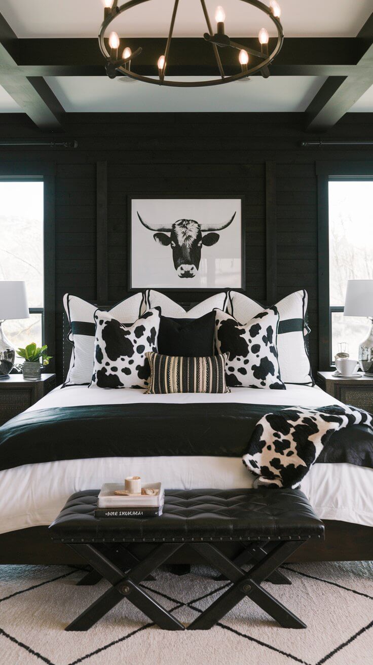 A bed with neutral bedding, featuring several black and white cow print throw pillows in various sizes arranged against a leather headboard.